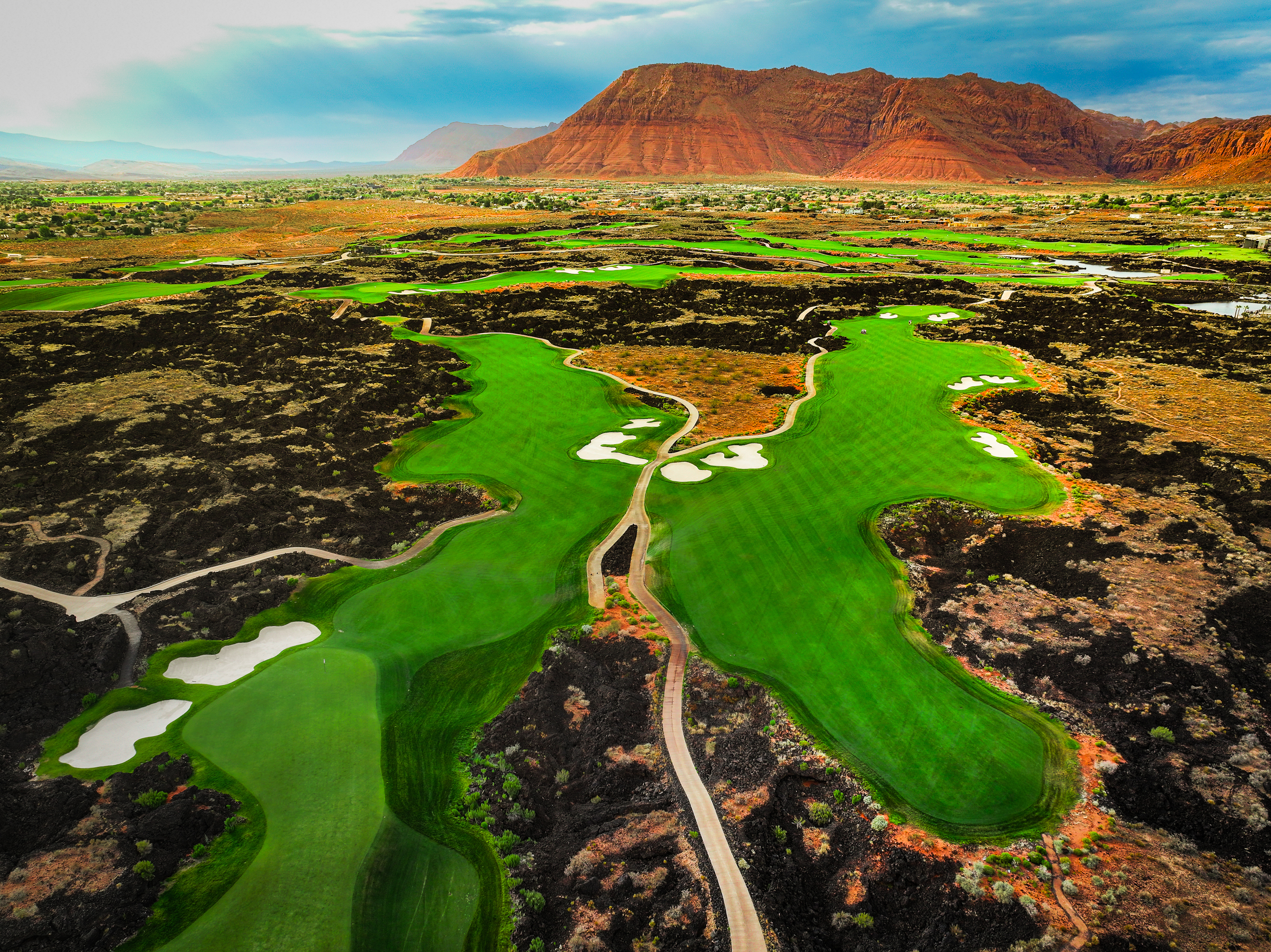 Aerial view of lava rock golf terrain near St. George Utah